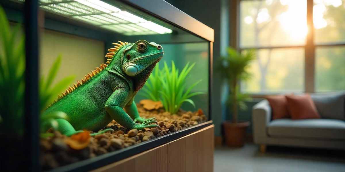 vibrant green iguana inside a terrarium